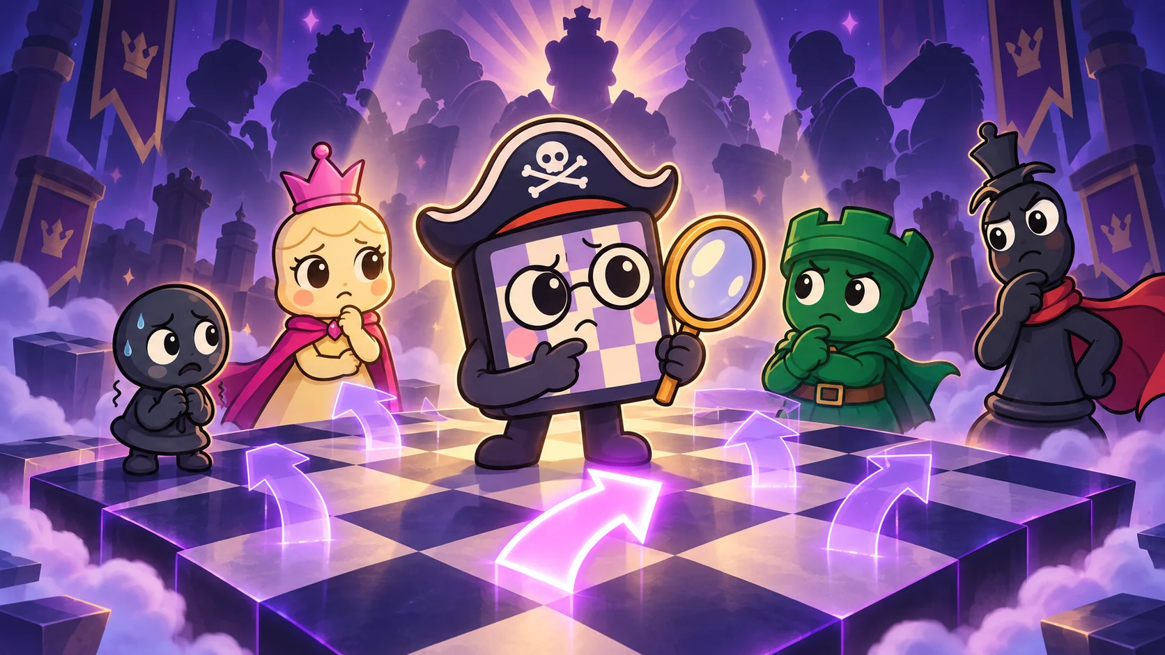 Puzzle Pete with magnifying glass studying chess moves