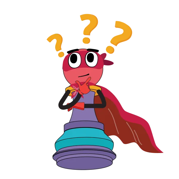 Questioning chess pawn character with cape